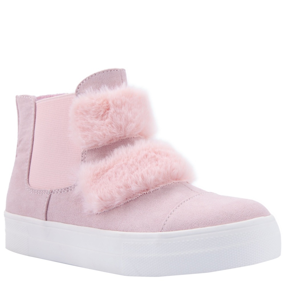 Kidpik Fur Trim Fuzzy High Top Slip On Sneakers (Blush)